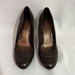 Connie Stacey Chestnut Brown Leather Heels Cutout Detail Round Toe Courts 9.5M